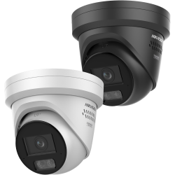 Zwei Überwachungskameras der Marke Hikvision, eine in Weiß und eine in Schwarz, wobei beide eine kuppelförmige Bauweise und ein Kameraobjektiv an der Vorderseite haben.