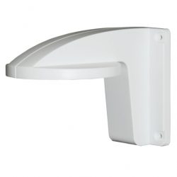 Weiße Wandhalterung aus Metall mit gebogenem Arm für eine Kamera oder ein Leuchtmittel.