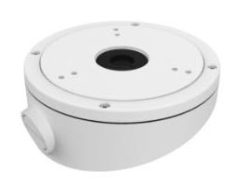 Weiße runde Kamera-Halterung mit mehreren Löchern und einer schwarzen Öffnung in der Mitte.