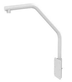 Weißer Metallarm mit einem Winkel, montiert an einer rechteckigen Basis mit Schraubenlöchern, möglicherweise für die Befestigung an einer Wand oder einem anderen Objekt.