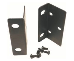 Zwei schwarze Metallwinkel mit mehreren Schraubenlöchern und ein Satz passender Schrauben.