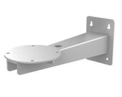 Graue Metallhalterung mit einer rechteckigen Wandplatte und einer runden Auflagefläche.