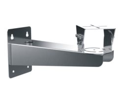 Metallische Wandhalterung mit Plattform für Montagezwecke, ausgestattet mit Schraubenlöchern.