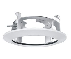 Ein rundes, weißes Deckenringelement aus Metall mit Halterungen, geeignet für Einbauleuchten oder Lautsprecher, in einem modernen Design.