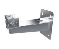 Silberne Metallhalterung mit einem flachen Arm und zwei Platten, ausgestattet mit vier Schraubenlöchern und einer Kreuzform auf der vorderen Platte.