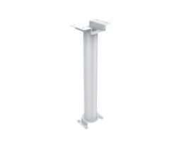 Eine weiße Metallstütze mit einer quadratischen Basis und einer U-förmigen oberen Halterung, die in einem minimalistischen Stil entworfen ist.