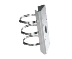 Eine silberne Metallhalterung, kombiniert mit drei runden Metallklemmen, die möglicherweise zum Befestigen an einem Pfahl oder einer Stange dienen könnte.
