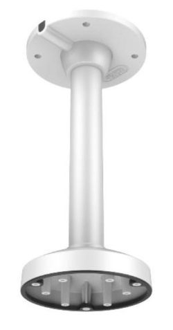 Weiße Deckenhalterung aus Metall mit einem zylindrischen Arm und kreisförmiger Basis, die mehrere Löcher für die Befestigung aufweist.