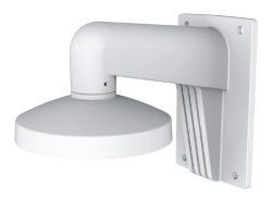 Eine weiße, moderne Wandhalterung mit einem gebogenen Arm und kreisförmiger Halterungsfläche, geeignet zur Befestigung von Geräten oder Leuchten.