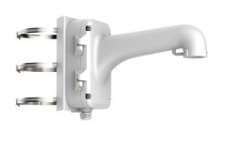 Eine weiße Wandhalterung mit L-förmigem Arm und drei Metallschellen zur Befestigung.