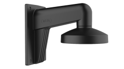 Schwarze, wandmontierte CCTV-Kamera-Halterung aus Kunststoff, die an einem Ende eine flache Platte mit Schraubenlöchern zur Befestigung an der Wand hat.