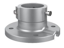 Eine silberne Metallkomponente mit einer zylindrischen Halterung und einem flachen, runden Flansch mit mehreren Schraublöchern.