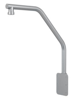 Metallischer Halterungsarm mit abgewinkeltem Design und Befestigungsplatte am unteren Ende, geeignet für Montageanwendungen.