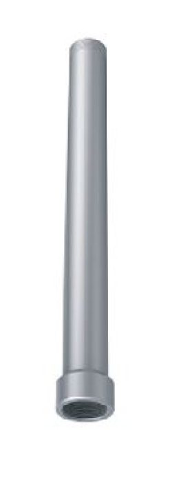 Ein silbernes Metallrohr mit einer zylindrischen Form und einem Gewindeanschluss am unteren Ende.