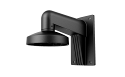 Schwarze Wandhalterung für eine Überwachungskamera mit einem runden, flachen Kopf und einem abgewinkelten Arm zur Befestigung an der Wand.