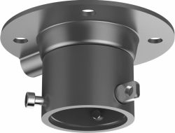 Stahlnetz-Einbauflansch in einem mattgrauen Finish mit mehreren Schraubenlöchern und einem Befestigungsmechanismus.