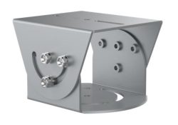 Eine silberne Metallhalterung mit mehreren Schrauben und Bohrlöchern, die aus zwei verzahnten rechteckigen Platten besteht, die durch gebogene Seiten miteinander verbunden sind.