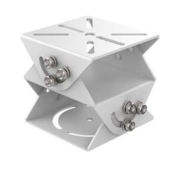 Ein weißes, kubisches Montageobjekt aus Metall mit mehreren Schrauben und Bolzen, geeignet zur Befestigung oder Verbindung von Komponenten.