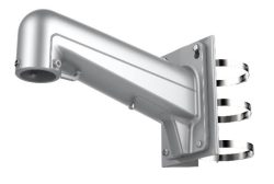 Silberne Wandhalterung aus Metall mit abgerundetem Design und Befestigungsringen an der Seite.