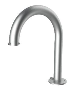 Metallener Bogen mit runder Basis und abgerundetem Ende, das an einen modernen, minimalistischen Wasserhahn erinnert.