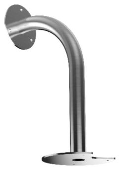 Ein Edelstahl-Wandarm mit gebogenem Rohr, zum Befestigen an einer vertikalen Oberfläche, wahrscheinlich zur Unterstützung einer Überwachungs- oder Kommunikationsvorrichtung.