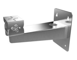 Metallische Wandhalterung mit zwei Löchern zur Wandbefestigung und einer rechteckigen Plattform zur Unterstützung von Gegenständen; sichtbar sind kleine Schrauben zur Befestigung an der Seite.