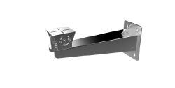 Metallische Wandhalterung mit einer rechteckigen Basis und einem schwenkbaren Arm, geeignet zur Befestigung von Geräten oder Gegenständen an einer Wand.