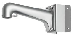 Eine silberne, metallische Wandhalterung mit einer gebogenen Armform, die an einer rechteckigen Montageplatte befestigt ist.