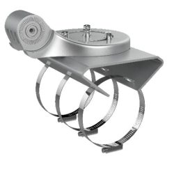 Ein silbernes Metallgerät mit drei Spannbändern und einem zylinderförmigen Gehäuse, vermutlich ein Halte- oder Befestigungselement.