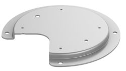 Metallische, kreisförmige Platte mit einer Aussparung an einem Rand und mehreren kleinen Löchern verteilt über die Oberfläche.