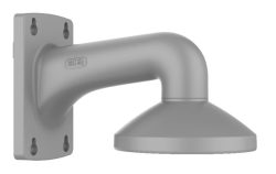 Graue, metallische Wandrosette mit gebogenem Arm und geradem, zylinderförmigen Ende, das an einer flachen Wandplatte befestigt ist.