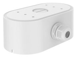 Weiße ovale Kunststoff-Abdeckung mit mehreren Löchern und einer Kabeldurchführung, vermutlich eine Anschlusseinheit oder Halterung für elektronisches Zubehör.