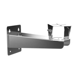 Metallische Wandhalterung für Außenkameras mit rechteckiger Basis und Befestigungslöchern.