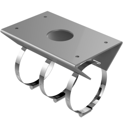 Metallische Wandhalterung mit drei runden Halterungen und einer rechteckigen Platte mit einem Loch in der Mitte, geeignet zur Befestigung von Gegenständen.