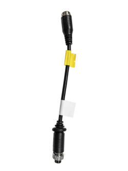 Ein schwarzes Verbindungskabel mit zwei unterschiedlichen Steckverbindern an den Enden, gekennzeichnet mit gelben und weißen Kabelbindern.