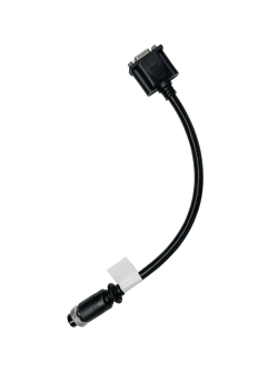 Schwarzes Kabel mit einem VGA-Stecker auf der einen Seite und einem runden Stecker auf der anderen, mit einer weißen Markierung in der Nähe des runden Steckers.