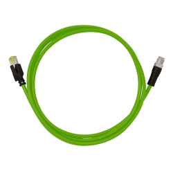 Ein grünes Netzwerkkabel mit einem RJ45-Anschluss auf der linken Seite und einem runden Stecker auf der rechten Seite.