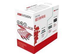 Verpackung einer HIKVISION CAT.5E Netzwerkkabelbox mit roten Ethernet-Kabeln und technischen Spezifikationen aufgedruckt.