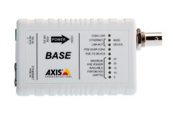 Ein weißes Axis Communications Gerät, gekennzeichnet mit "BASE", mit Anschlüssen für Koaxialkabel und Ethernet sowie verschiedenen LED-Anzeigen für Spannung und Leistung.