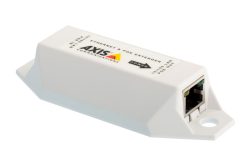 Ein weißer Ethernet- und PoE-Extender von Axis Communications mit LAN- und PoE-Ausgang.