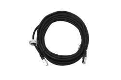Schwarzes Ethernet-Kabel mit Steckern an beiden Enden, aufgerollt und mit Kabelbinder gesichert.