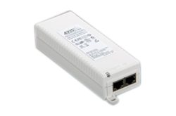 Ein weißes rechteckiges Netzwerkgerät mit zwei Ethernet-Anschlüssen, einem Aufkleber mit technischen Informationen und Markenlogo.