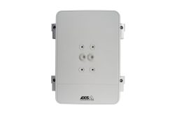 Ein weißes technisches Gerät von Axis Communications mit mehreren Öffnungen auf der Vorderseite.