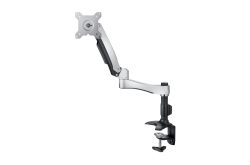 Monitorhalterung aus silberfarbenem Metall mit beweglichem Arm und Tischklemme.
