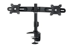 Eine schwarze, verstellbare Schreibtischhalterung für zwei Monitore mit Klemme zur Befestigung an der Tischkante.