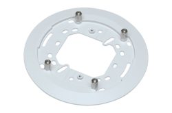 Weiße, runde Halterung mit mehreren Montagelöchern und vier erhöhten Befestigungspunkten aus Metall.