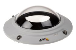 Eine halbkugelförmige Überwachungskameraabdeckung mit dem Logo "Axis Communications".