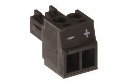 Schwarzer elektrischer Steckverbinder mit Plus- und Minuszeichen, ausgelegt für 125 Volt und 1,5 mm² Kabel.
