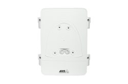Ein rechteckiges, weißes Gerät mit dem Logo "AXIS Communications" auf der Vorderseite.