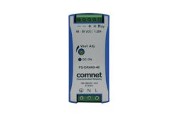 Elektronisches Gerät mit der Aufschrift „Comnet PS-DRA60-48“, ein Stromversorgungsteil mit 48-55 VDC bei 1,25 A, Anschlüsse oben und unten sichtbar.